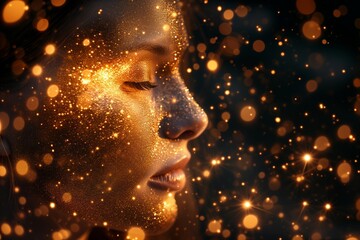 Face of Gold particles. Gold particles forming a face. Golden Particle Face.
