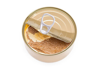 Opened Tin Can with Chicken Liver Pate Isolated on White Background. Open Canned Pate - Isolation