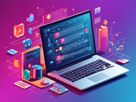 Software development. Programming, coding, and software testing on a laptop. Abstract program code on a computer screen. Laptop, icons of computer tech. Digital Computer technology isometric concept.