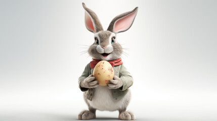 Easter bunny holds an egg on a white background