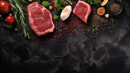 Product concept on a black marble background: rosemary, onions, red meat, tomatoes, spices. Photo mockup, top view. Horizontal banking for web. Photo AI Generated
