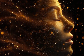 Face of Gold particles. Gold particles forming a face. Golden Particle Face.