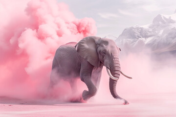 An elephant running in the mountains with pink smoke.Pastel pink and grey colors.