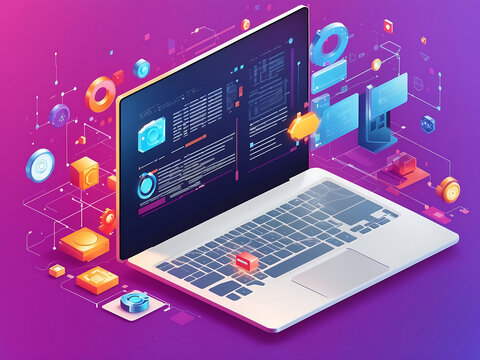 Software development. Programming, coding, and software testing on a laptop. Abstract program code on a computer screen. Laptop, icons of computer tech. Digital Computer technology isometric concept.