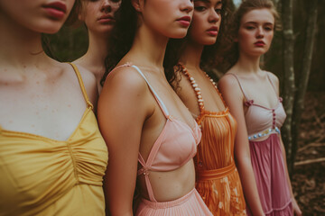 Group of girls in spring vintage dresses in the woods.Yellow and pink light colors.