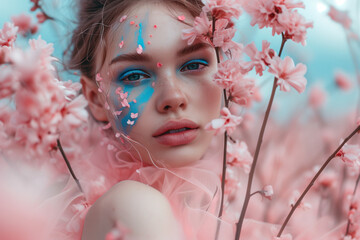 Portrait of a girl with pink flowers.