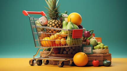 Cart with drinks, fruits, groceries: 3D mock-up of goods from the store on a yellow-turquoise background. Horizontal banking for web. Photo AI Generated