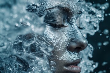 The Frozen Face. Face of Ice, cold and icicles. Face Sculpted from Ice and Frost.