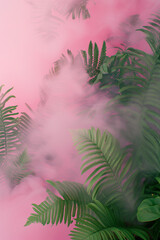 Fern leaves in pink smoke.Pink and green color combination.