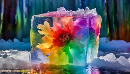 an ethereal artwork featuring flowers frozen in an ice cube, each bloom displaying a unique hue from the rainbow spectrum. The frozen state adds an element of timelessness to the vibrant colors