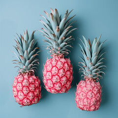 Three pink pineapples on a blue background.Minimal concept.Pastel colors.