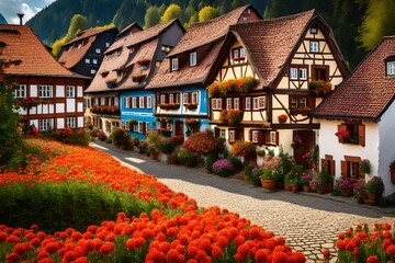 A quaint Bavarian village nestled amidst colorful flower fields, with traditional timber-framed houses.