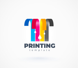Printing logo. Cmyk ribbon lines stripes and drops ink. Template design vector.
