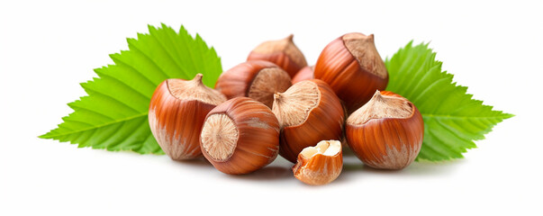 Hazelnuts with green leaves isolated on white background, ai technology