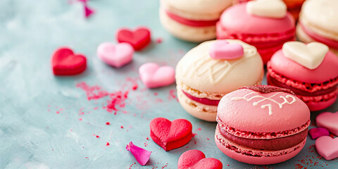 Obraz premium Macronen mit Herzen in pink zum Muttertag und Valentinstag wunderschön dekoriert für Poster und als Druckvorlage im Querformat