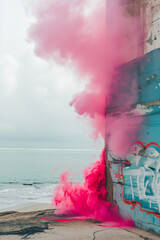  Wall with grafitti on the beach with pink smoke.