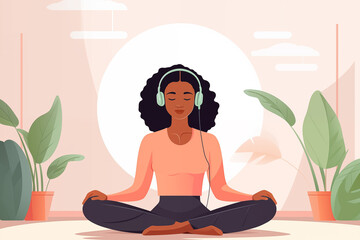 African woman exercising yoga in living room with headphones on, meditating. Mental health or yoga podcast concept.
