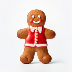 front view of a standing ginger man christmas cookies with red dressing on a isolated white background created with Generative Ai