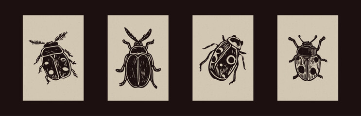 Handmade linocut bug motif clipart in folkart scandi style. Set of simple monochrome block print insect shapes with woodcut paper texture effect. © Limolida Studio