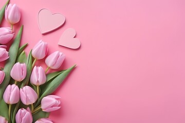 Pink tulips and wooden hearts on a pink background with copy space. Greeting card for valentine's day or mother's day, love concept