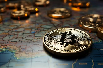 Fototapeta na wymiar Bitcoin exploration Golden coins placed strategically on the global map