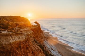 Amazing landscape of Falesia beach at sunrise, Algarve, Portugal - obrazy, fototapety, plakaty