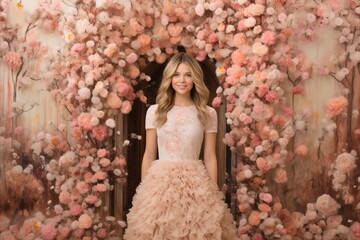 Blonde Woman Wearing Delicate Soft Pink Dress Surrounded by Blooming Pink Flowers