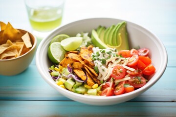 veggie burrito bowl with a side of tortilla strips