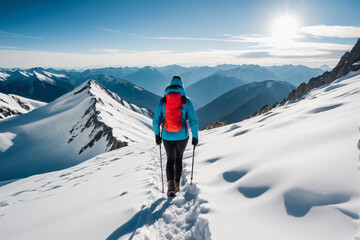 A close-up view from behind, candid photo of a person hiking on snow in the mountains in the vacation trip week - obrazy, fototapety, plakaty