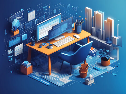 Workspace of a web developer with text code on abstract blue background. Isometric design for software development