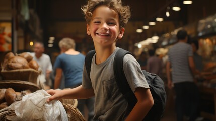 A positive boy buys bread in a supermarket between the grocery rows. Portrait on the background of customers. Horizontal banking for web. Photo AI Generated - obrazy, fototapety, plakaty