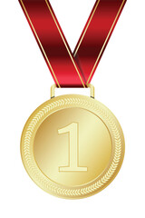 Gold medal. Gold medal with red ribbon. Design winner golden medal prize. Champion winner award medal