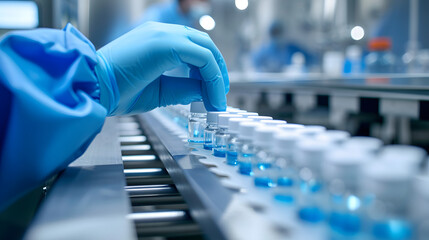 The hand is wearing blue sanitary gloves and is carefully inspecting a row of medical vials that are moving along a conveyor belt - obrazy, fototapety, plakaty