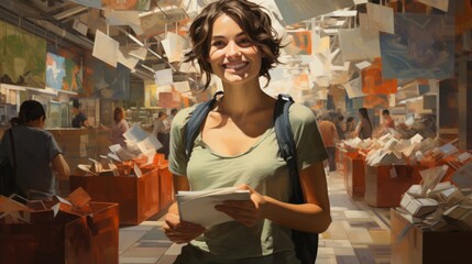 Portrait of a smiling tourist girl with a backpack in the market. Product shopping. Illustration. Horizontal banking for web. Photo AI Generated