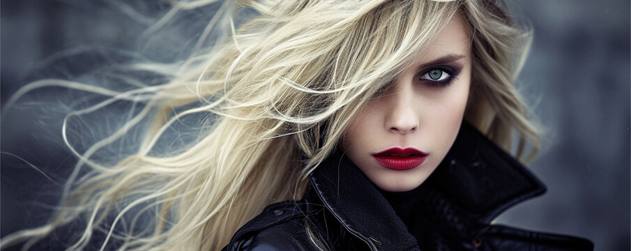 Long haired blonde model with strict face and amazing makeup, ai technology