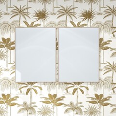 two frames mockup on jungle wallpaper, modern design. Empty posters gallery wall art set, simple interior. 3d illustration