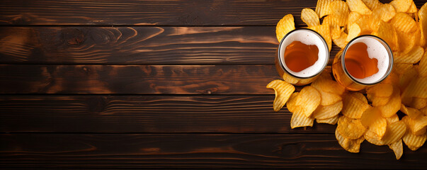 Two glasses of beer and chips on a wooden background