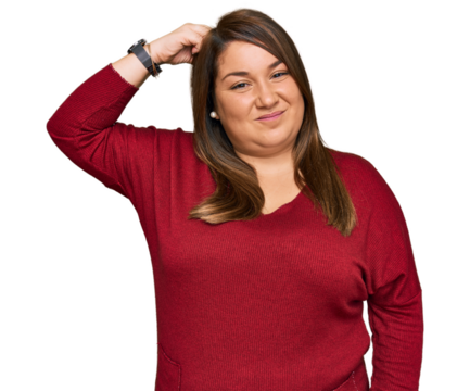 Beautiful brunette plus size woman wearing casual clothes confuse and wonder about question. uncertain with doubt, thinking with hand on head. pensive concept.