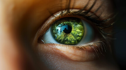Naklejka premium Green eye reflecting a lush forest landscape.