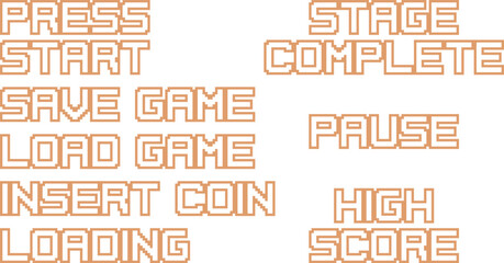 Pixel art game phrases set. Retro 8-bit style vector illustration set.