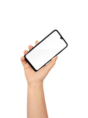 Phone in woman hand on white background