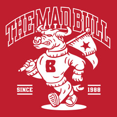 The Mad Bull Mascot Character Design in Sport Vintage Athletic Style Hand Drawing Vector
