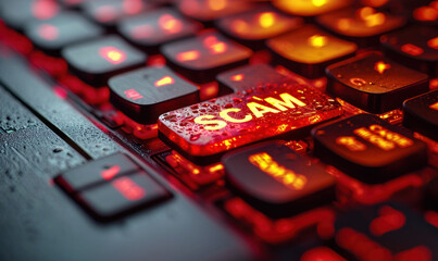 Close-up of a bright red 'SCAM' alert button on a computer keyboard, symbolizing the importance of cybersecurity and fraud awareness - obrazy, fototapety, plakaty