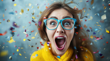 Excited woman with confetti in festive atmosphere.