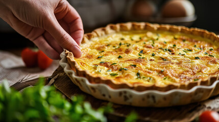 Hand finishing a freshly baked quiche on a table. - obrazy, fototapety, plakaty