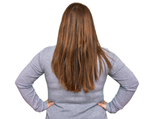 Beautiful brunette plus size woman wearing casual clothes standing backwards looking away with arms on body