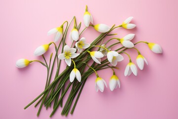 Bouquet of beautiful snowdrops on color background