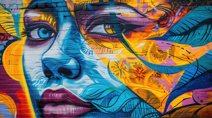 Vibrant graffiti wall art of a woman's face.