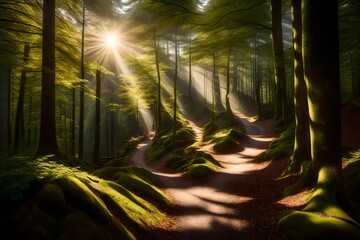 A winding mountain trail leading through a Bavarian forest, dappled with sunlight filtering through the trees.