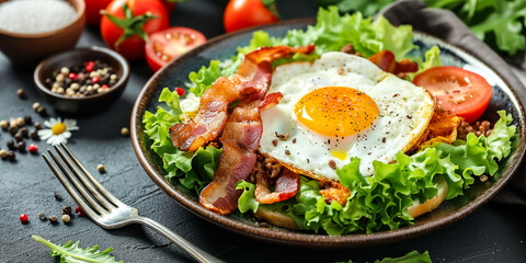 Keto breakfast with fried egg, bacon, cheese, ground beef and salad - obrazy, fototapety, plakaty